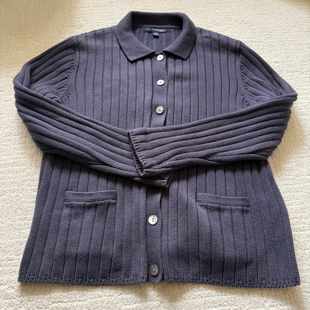 Lands End Ribbed Cotton Cardigan Sweater Navy Blue Button Front L 14-16 Classic